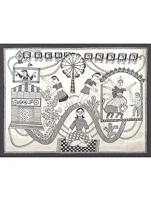 28" x 20" Fair Festival With Durga Pooja |Traditional Colors | Handmade | Goddess Durga Madhubani Paintings