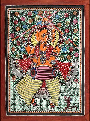 19" x 27" Dancing Ganesha Playing Dhol Along With Mushakraj |Traditional Colors | Handmade | Dancing Ganesha Madhubani Paintings