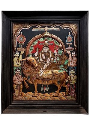 Super Fine Lord Shiva with Parvati Seated on Nandi Tanjore Painting | Traditional Colors With 24K Gold | Teakwood Frame | Gold & Wood | Handmade | Made In India