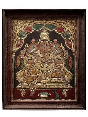 Blessing Ganesha Tanjore Painting | Traditional Colors With 24K Gold | Teakwood Frame | Handmade