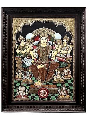 Goddess Rajarajeshwari with Shri Yantra Tanjore Painting | Traditional Colors With 24K Gold | Teakwood Frame | Handmade