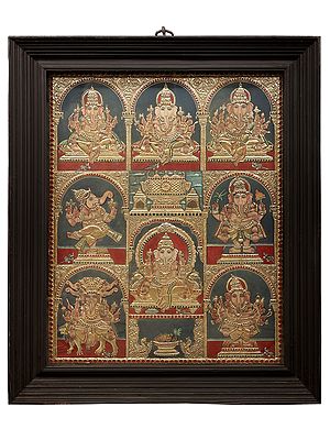 Lord Ashtaganesha Tanjore Painting | Traditional Colors With 24K Gold | Teakwood Frame | Gold & Wood | Handmade
