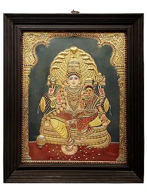 Lord Vishnu with Devi Lakshmi Tanjore Painting | Traditional Colors With 24K Gold | Teakwood Frame | Gold & Wood | Handmade