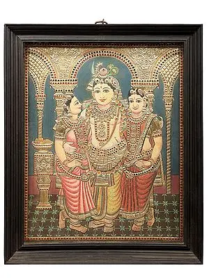 Satyabhama Rukmani with Krishna Tanjore Painting | Traditional Colors With 24K Gold | Teakwood Frame | Gold & Wood | Handmade