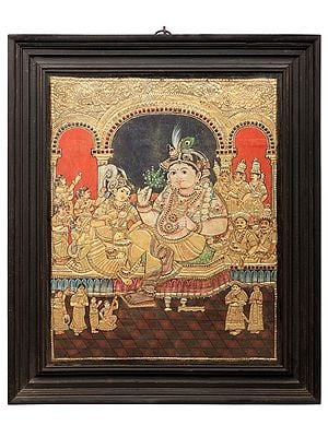 Darbar Krishna Tanjore Painting | Traditional Colors With 24K Gold | Teakwood Frame | Gold & Wood | Handmade