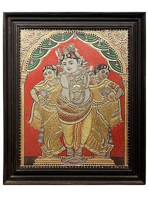 Lord Krishna With Rukmini And Satyabhama Tanjore Painting | Traditional Colors With 24K Gold | Teakwood Frame | Gold & Wood | Handmade