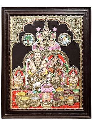 Kubera and Lakshmi Tanjore Painting | Traditional Colors With 24K Gold | Teakwood Frame | Gold & Wood | Handmade
