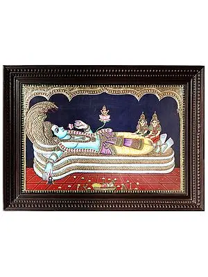 Shree Padmanabha Swamy Tanjore Painting | Traditional Colors With 24K Gold | Teakwood Frame | Gold & Wood | Handmade
