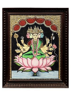 Goddess Gayatri Devi Tanjore Painting | Traditional Colors With 24K Gold | Teakwood Frame | Gold & Wood | Handmade