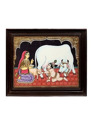 Bal Krishna with Maiya Yashoda Tanjore Painting | Traditional Colors With 24K Gold | Teakwood Frame | Gold & Wood | Handmade