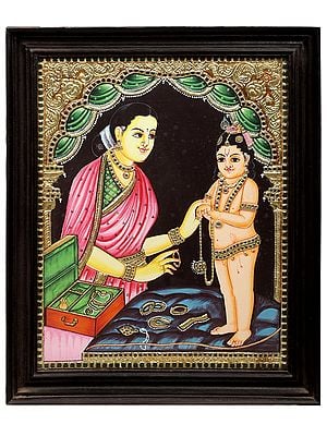 Maiya Yashoda with Bal Krishna Tanjore Painting | Traditional Colors With 24K Gold | Teakwood Frame | Gold & Wood | Handmade