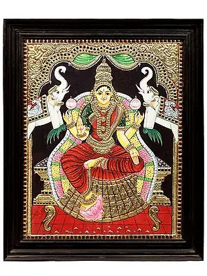 Gajalakshmi Tanjore Painting | Traditional Colors With 24K Gold | Teakwood Frame | Gold & Wood | Handmade