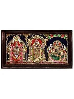 Large Lord Venkateshvara with Sridevi Bhudevi Tanjore Painting | Traditional Colors With 24K Gold | Teakwood Frame | Gold & Wood | Handmade