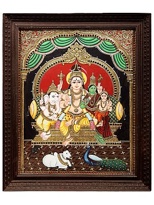 Shiva Parivar Tanjore Painting | Traditional Colors With 24K Gold | Teakwood Frame | Gold & Wood | Handmade