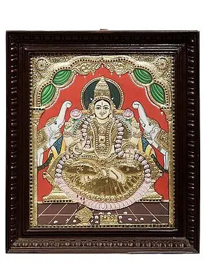 Gajalakshmi Tanjore Painting | Traditional Colors With 24K Gold | Teakwood Frame | Gold & Wood | Handmade