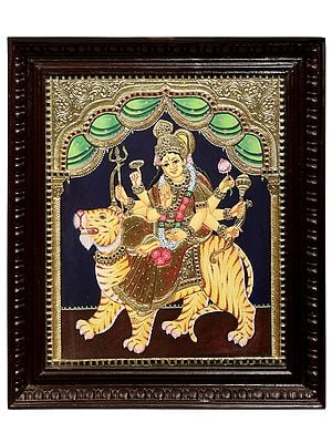 Ashtabhuja Goddess Durga Tanjore Painting | Traditional Colors With 24K Gold | Teakwood Frame | Gold & Wood | Handmade