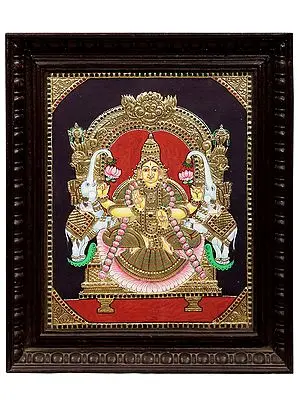 Padmasana Gajalakshmi Tanjore Painting | Traditional Colors With 24K Gold | Teakwood Frame | Gold & Wood | Handmade