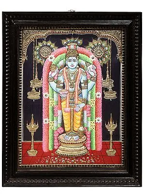 Shree Guruvayurappan Tanjore Painting | Traditional Colors With 24K Gold | Teakwood Frame | Gold & Wood | Handmade