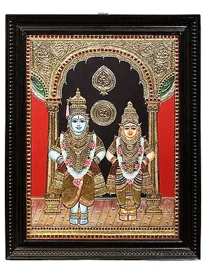 Lord Vitthal and Goddess Rukmini Tanjore Painting | Traditional Colors With 24K Gold | Teakwood Frame | Gold & Wood | Handmade