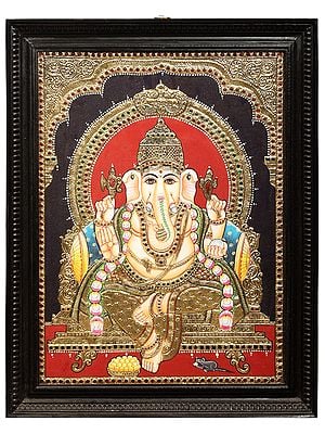 Lord Ganesha Tanjore Painting | Traditional Colors With 24K Gold | Teakwood Frame | Handmade