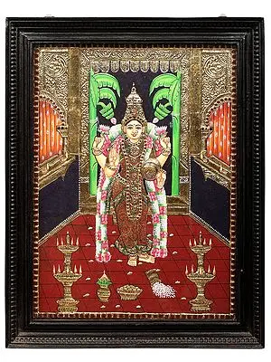 Standing Devi Lakshmi Tanjore Painting | Traditional Colors With 24K Gold | Teakwood Frame | Gold & Wood | Handmade
