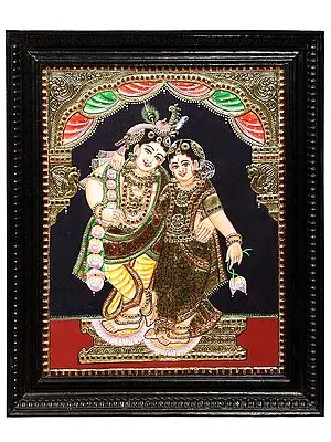 Lord Radha Krishna Tanjore Painting | Traditional Colors With 24K Gold | Teakwood Frame | Gold & Wood | Handmade