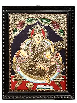 Goddess Saraswati Tanjore Painting | Traditional Colors With 24K Gold | Teakwood Frame | Gold & Wood | Handmade