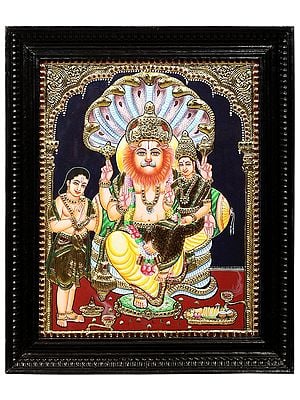 Lakshmi Narasimha with Bhakta Prahlad Tanjore Painting | Traditional Colors With 24K Gold | Teakwood Frame | Gold & Wood | Handmade