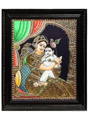 Maiya Yashoda with Baby Krishna Tanjore Painting | Traditional Colors With 24K Gold | Teakwood Frame | Gold & Wood | Handmade