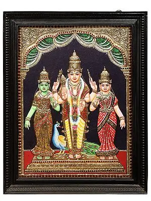 Lord Karttikeya With Devasena And Valli Tanjore Painting | Traditional Colors With 24K Gold | Teakwood Frame | Gold & Wood | Handmade