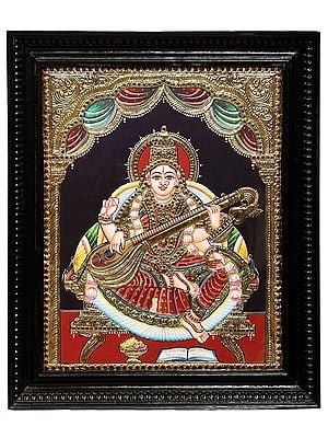 Devi Saraswati Tanjore Painting | Traditional Colors With 24K Gold | Teakwood Frame | Handmade