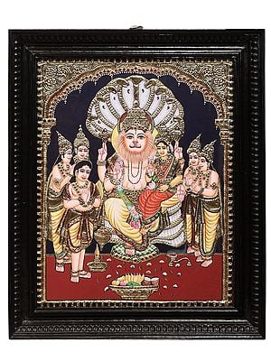Lakshmi Narasimha with Bhakta Prahlad Tanjore Painting | Traditional Colors With 24K Gold | Teakwood Frame | Gold & Wood | Handmade