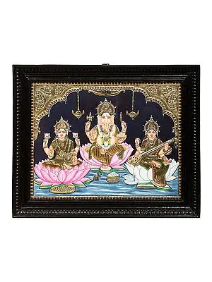 Ganesha with Lakshmi & Saraswati Tanjore Painting | Traditional Colors With 24K Gold | Teakwood Frame | Gold & Wood | Handmade
