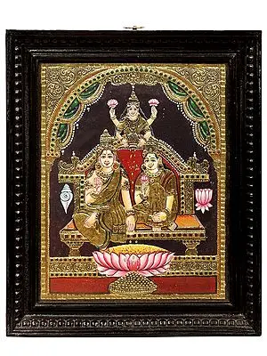 Devi Lakshmi Tanjore Painting | Traditional Colors With 24K Gold | Teakwood Frame | Gold & Wood | Handmade
