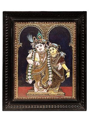 Radha Krishna Tanjore Painting with Teakwood Frame | Traditional Colors With 24K Gold | Handmade