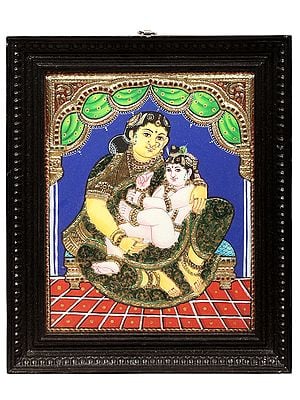 Maiya Yashoda with Bal Krishna Tanjore Painting | Traditional Colors With 24K Gold | Teakwood Frame | Gold & Wood | Handmade