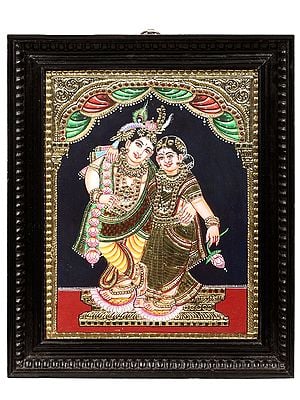 Radha Krishna Tanjore Painting | Traditional Colors With 24K Gold | Teakwood Frame | Gold & Wood | Handmade