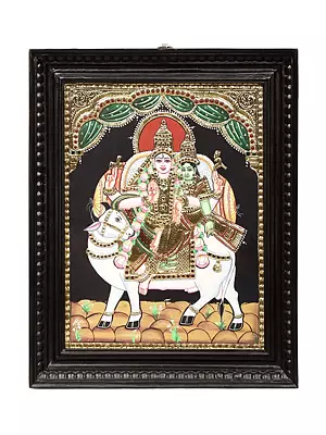 Shiva Parvati Seated on Nandi Tanjore Painting | Traditional Colors With 24K Gold | Teakwood Frame | Gold & Wood | Handmade
