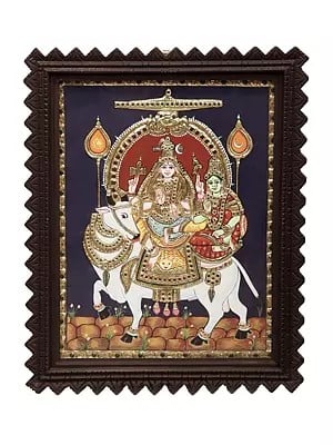 Shiva Parvati Seated on Nandi Tanjore Painting | Traditional Colors With 24K Gold | Teakwood Frame | Handmade