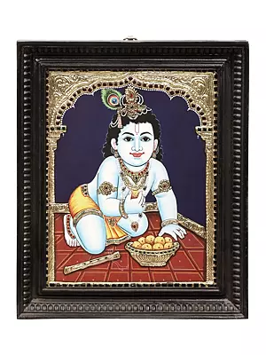Laddoo Gopala Tanjore Painting | Traditional Colors With 24K Gold | Teakwood Frame | Gold & Wood | Handmade
