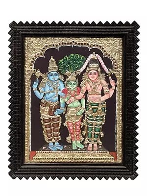 Shiva Parvati Meenakshi Kalyanam Tanjore Painting | Traditional Colors With 24K Gold | Teakwood Frame | Handmade