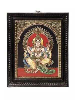 Lord Karttikeya Tanjore Painting | Traditional Colors With 24K Gold | Teakwood Frame | Gold & Wood | Handmade