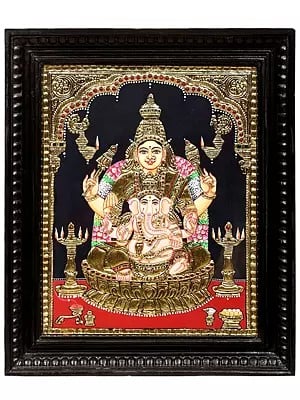 Maa Parvati with Ganesha Tanjore Painting | Traditional Colors With 24K Gold | Teakwood Frame | Gold & Wood | Handmade