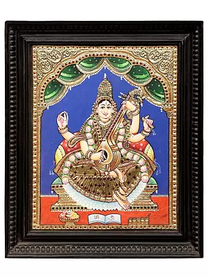 Devi Saraswati Tanjore Painting | Traditional Colors With 24K Gold | Teakwood Frame | Gold & Wood | Handmade