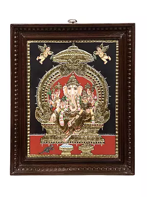 Shakti Ganesha Tanjore Painting | Traditional Colors With 24K Gold | Teakwood Frame | Gold & Wood | Handmade