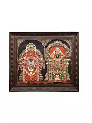 Lord Venkateshvara with devi Padmavati Tanjore Painting | Traditional Colors With 24K Gold | Teakwood Frame | Gold & Wood | Handmade