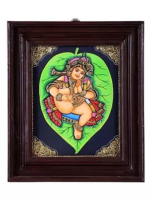 Vatapatra-Shayi Krishna Tanjore Painting | Traditional Colors with Gold | Teakwood Frame | Handmade