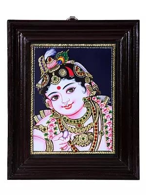 Lord Krishna Baby Face Tanjore Painting | Traditional Colors with Gold | Teakwood Frame