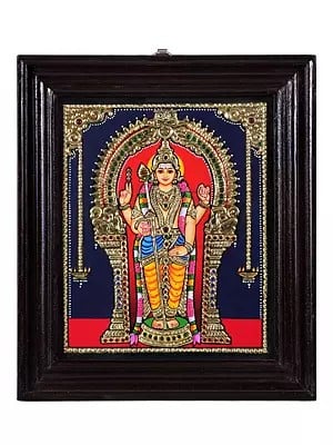 Lord Karttikeya (Murugan) Tanjore Painting | Traditional Colors With 24K Gold | Teakwood Frame | Gold & Wood