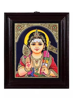 Kumar Karttikeya Face (Murugan) Tanjore Painting | Traditional Colors With 24K Gold | Teakwood Frame